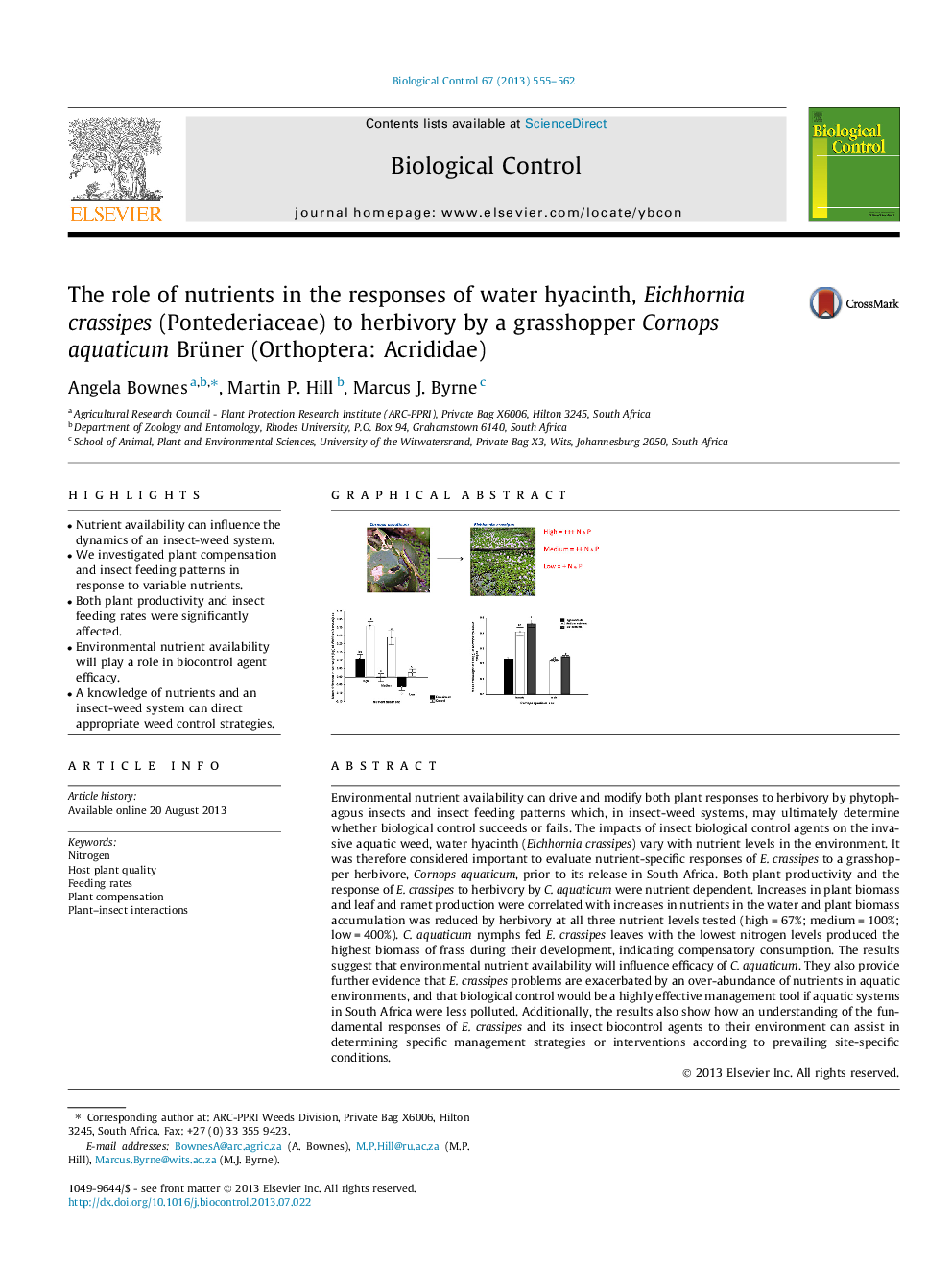 The role of nutrients in the responses of water hyacinth, Eichhornia crassipes (Pontederiaceae) to herbivory by a grasshopper Cornops aquaticum Brüner (Orthoptera: Acrididae)