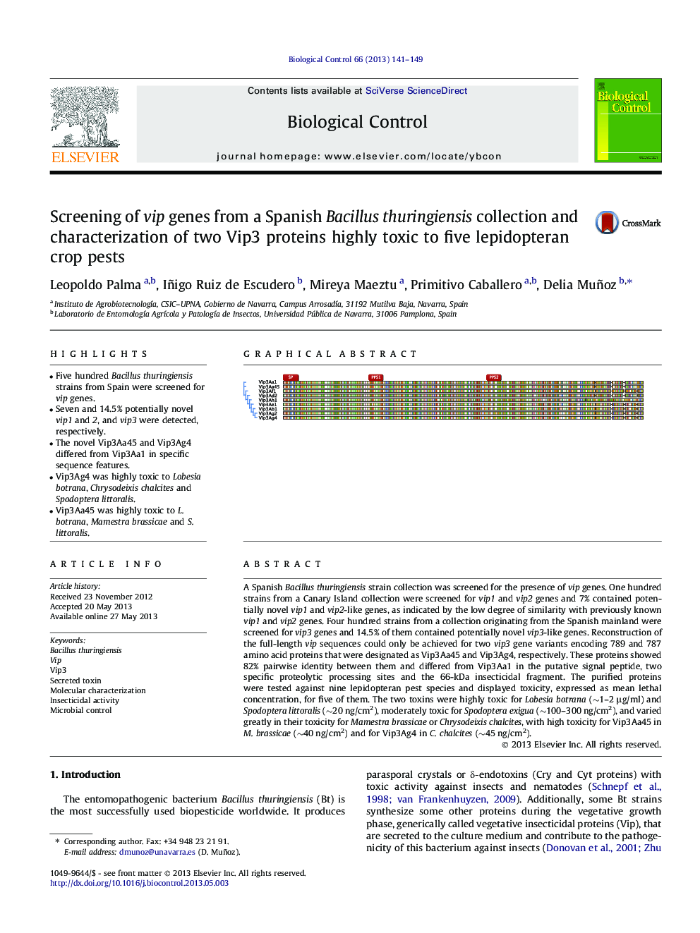 Screening of vip genes from a Spanish Bacillus thuringiensis collection and characterization of two Vip3 proteins highly toxic to five lepidopteran crop pests