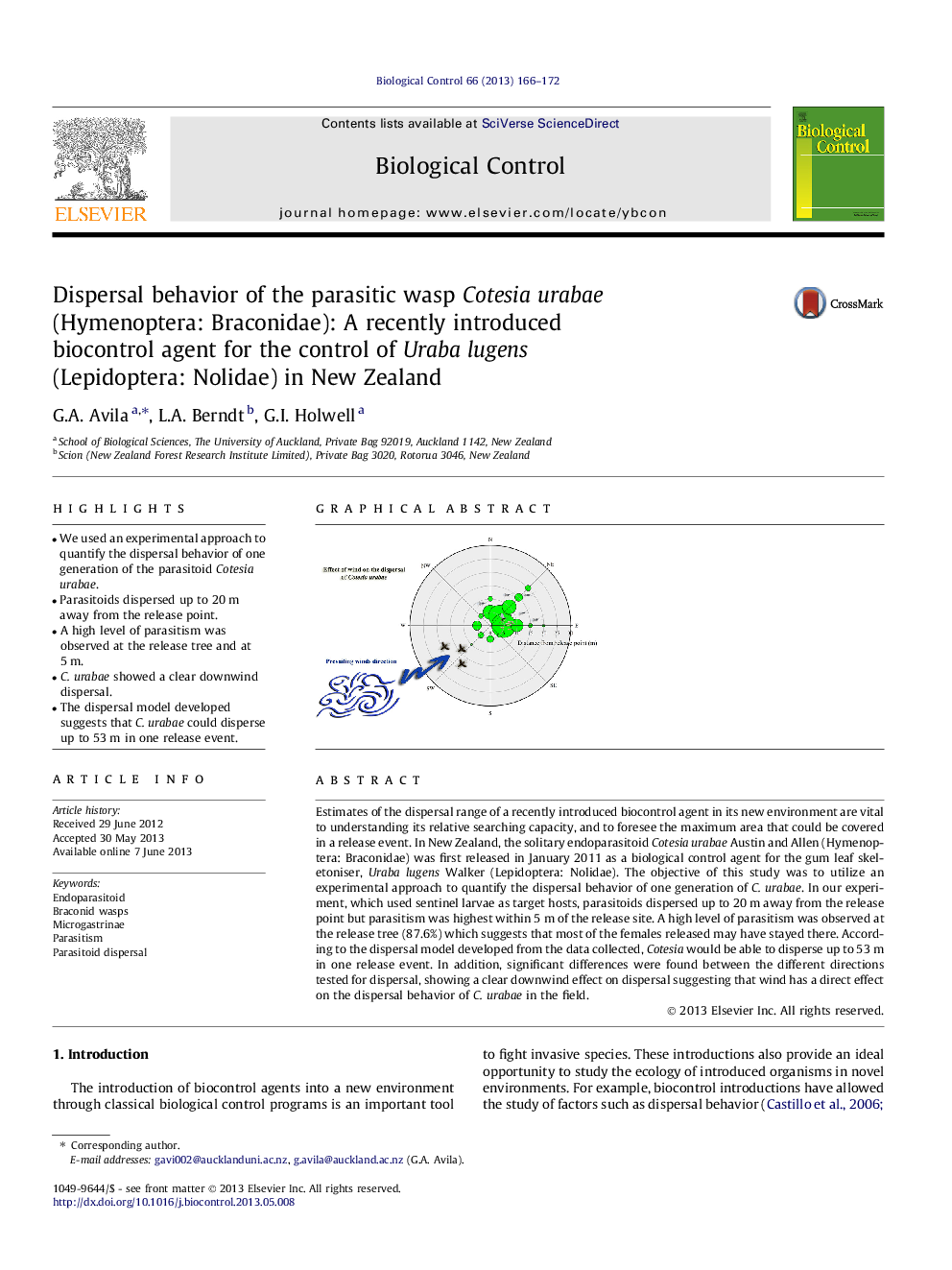 Dispersal behavior of the parasitic wasp Cotesia urabae (Hymenoptera: Braconidae): A recently introduced biocontrol agent for the control of Uraba lugens (Lepidoptera: Nolidae) in New Zealand