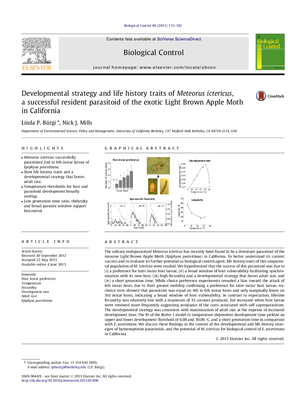 Developmental strategy and life history traits of Meteorus ictericus, a successful resident parasitoid of the exotic Light Brown Apple Moth in California