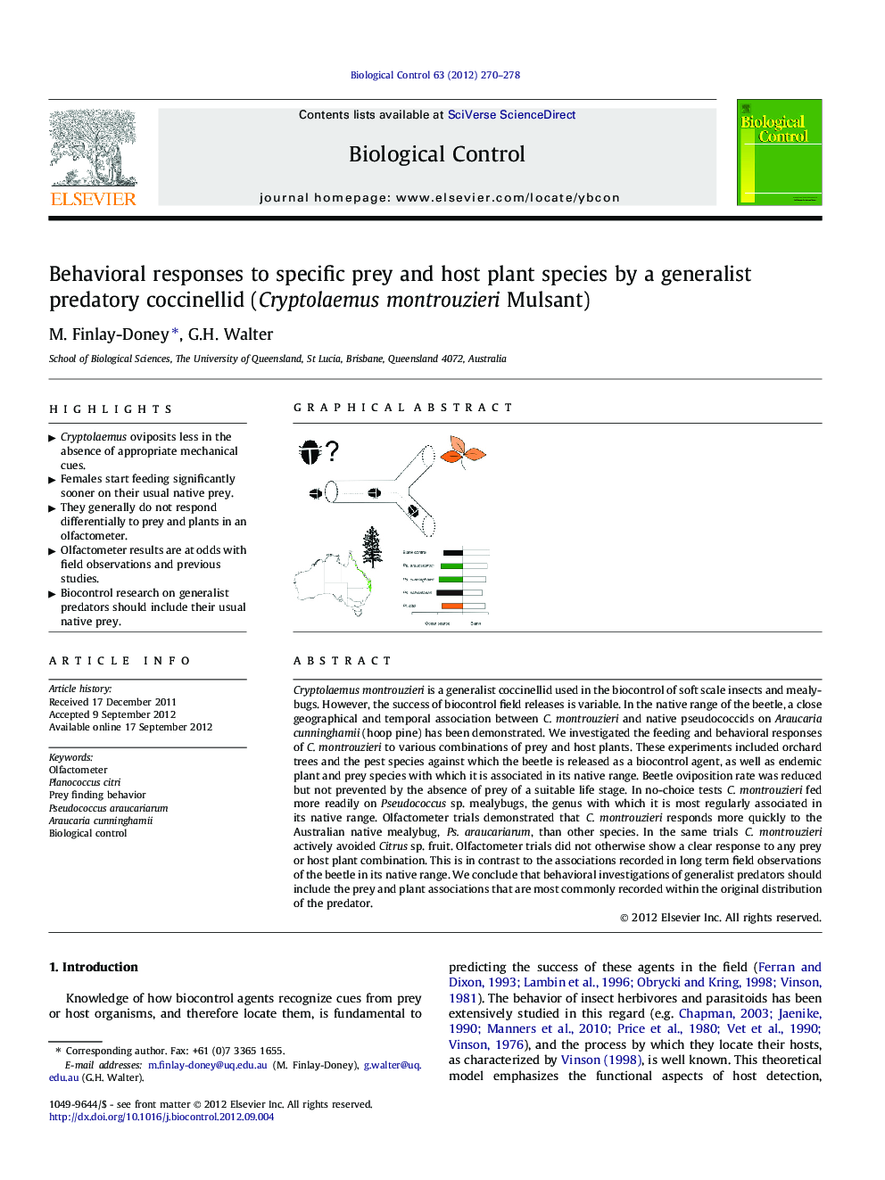 Behavioral responses to specific prey and host plant species by a generalist predatory coccinellid (Cryptolaemus montrouzieri Mulsant)