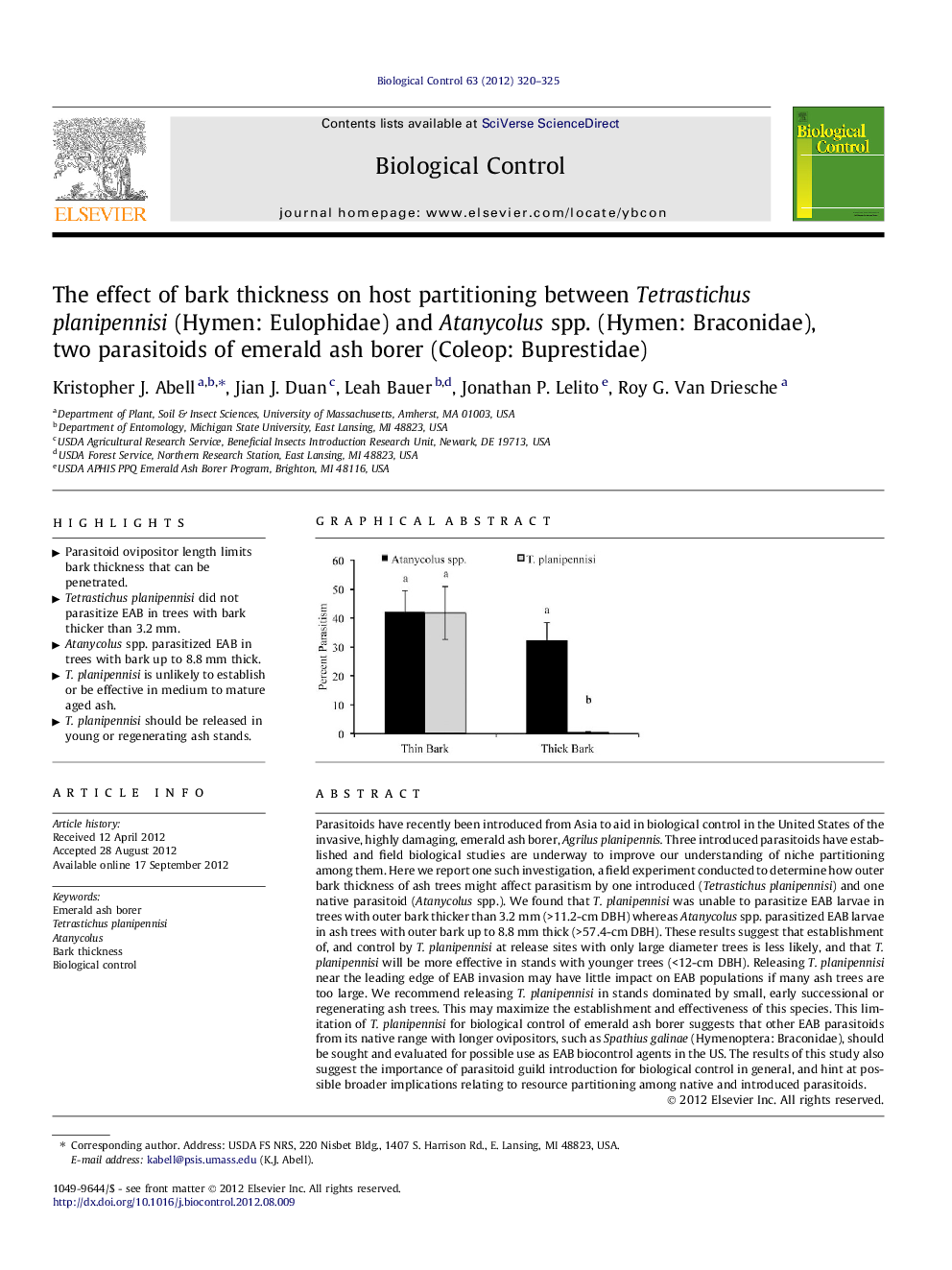 The effect of bark thickness on host partitioning between Tetrastichus planipennisi (Hymen: Eulophidae) and Atanycolus spp. (Hymen: Braconidae), two parasitoids of emerald ash borer (Coleop: Buprestidae)