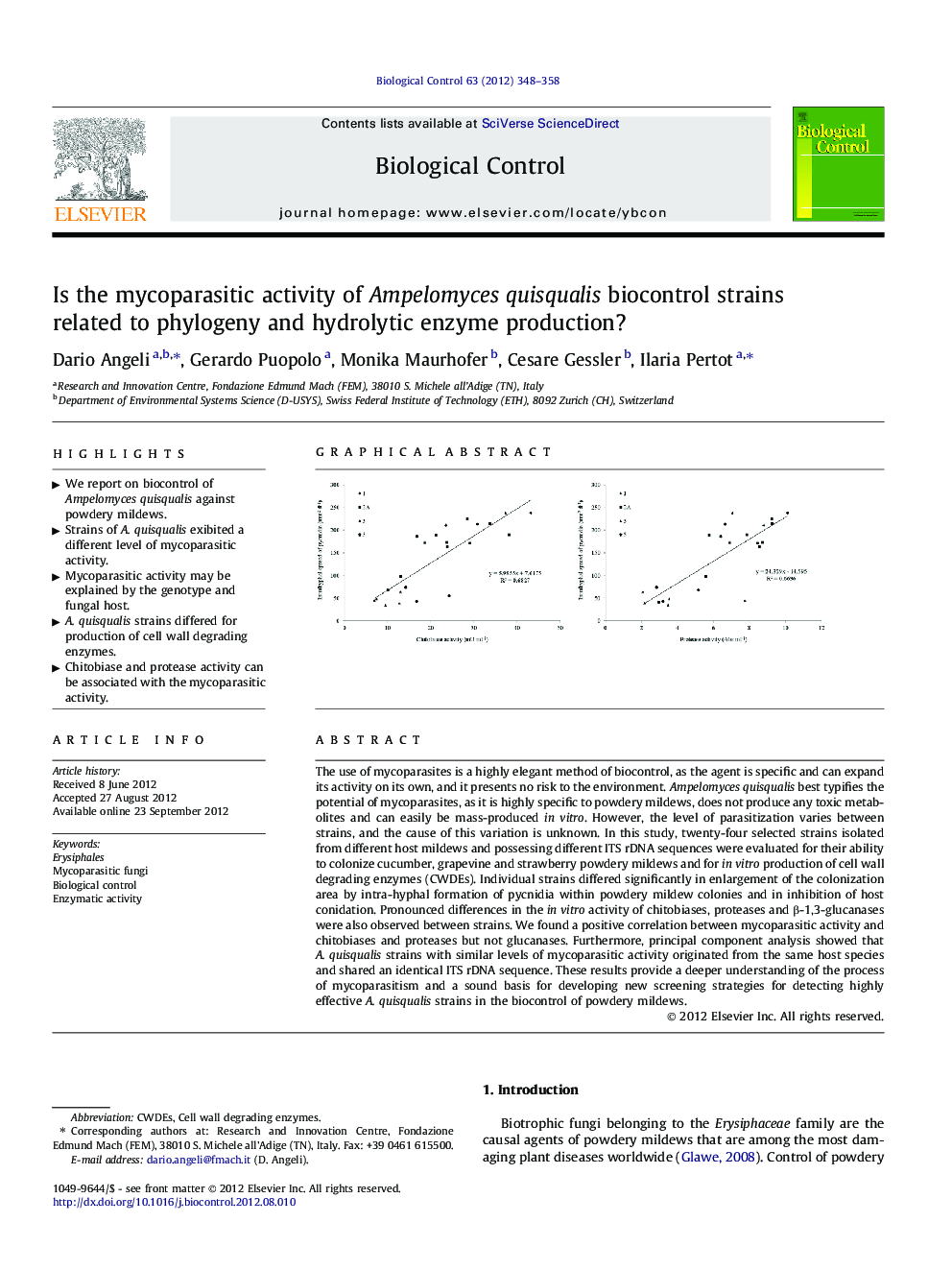 Is the mycoparasitic activity of Ampelomyces quisqualis biocontrol strains related to phylogeny and hydrolytic enzyme production?