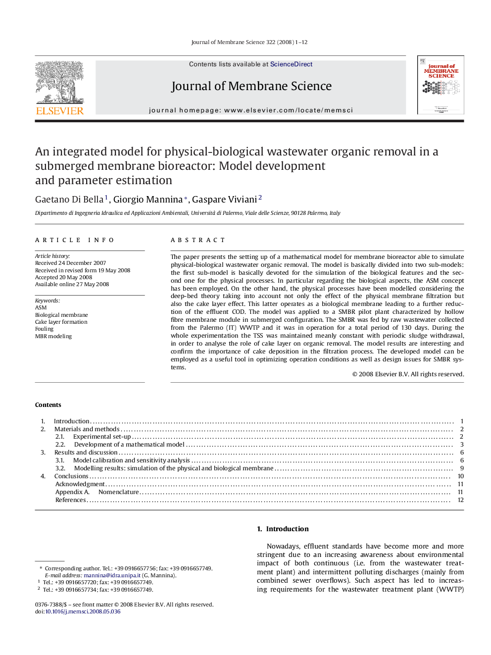 An integrated model for physical-biological wastewater organic removal in a submerged membrane bioreactor: Model development and parameter estimation