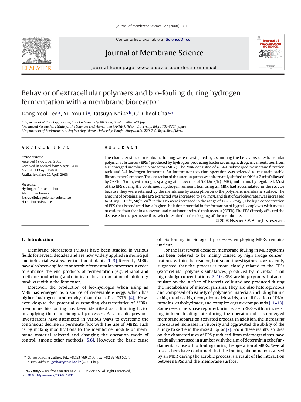 Behavior of extracellular polymers and bio-fouling during hydrogen fermentation with a membrane bioreactor