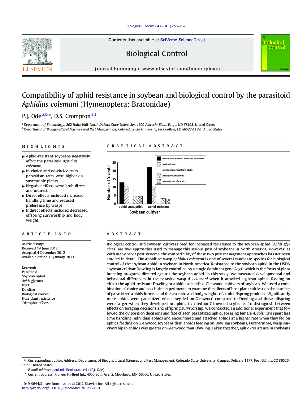 Compatibility of aphid resistance in soybean and biological control by the parasitoid Aphidius colemani (Hymenoptera: Braconidae)