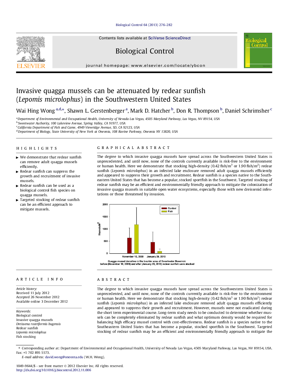 Invasive quagga mussels can be attenuated by redear sunfish (Lepomis microlophus) in the Southwestern United States