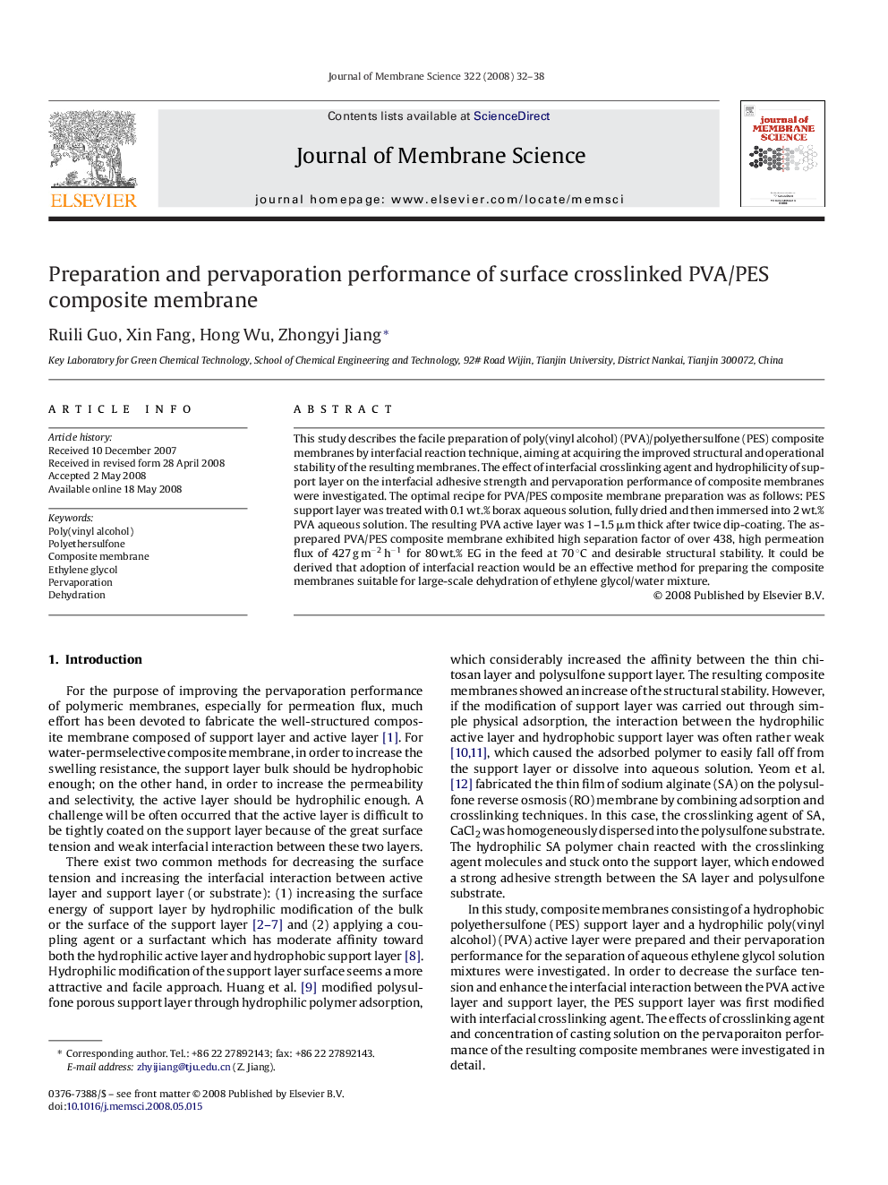 Preparation and pervaporation performance of surface crosslinked PVA/PES composite membrane