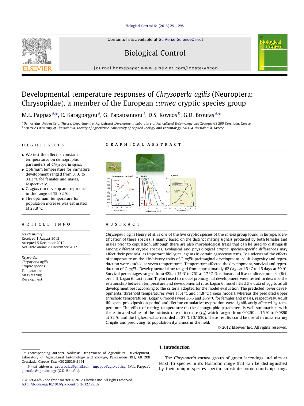 Developmental temperature responses of Chrysoperla agilis (Neuroptera: Chrysopidae), a member of the European carnea cryptic species group
