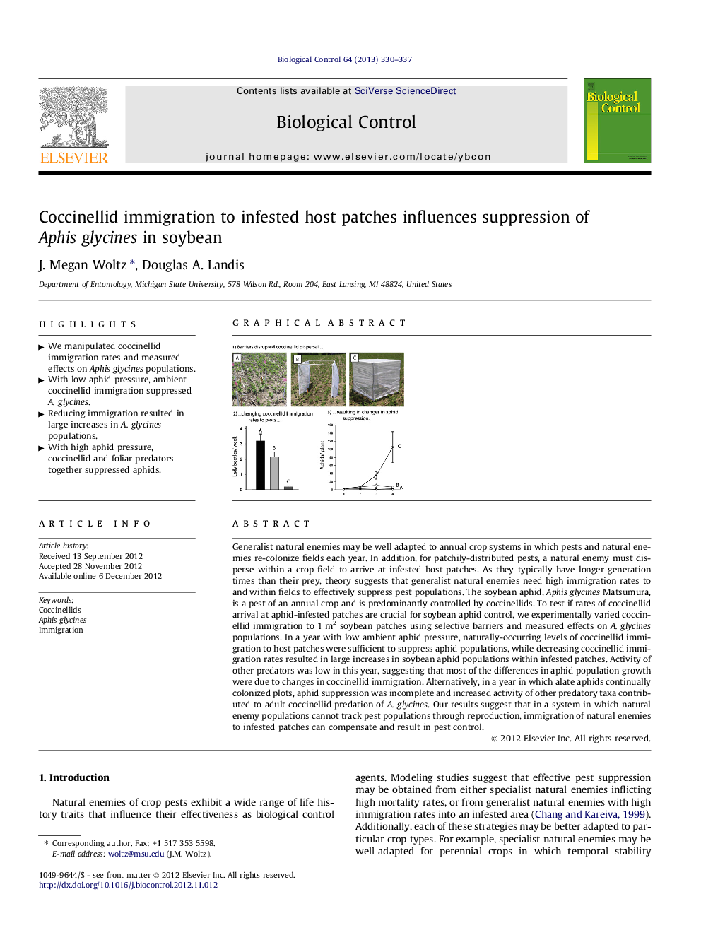 Coccinellid immigration to infested host patches influences suppression of Aphis glycines in soybean