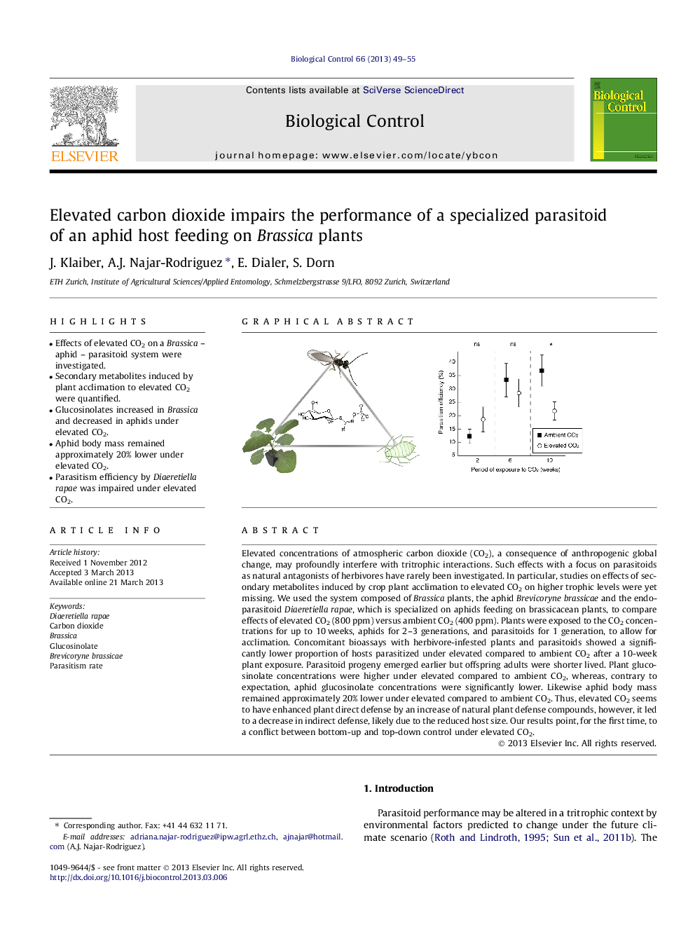 Elevated carbon dioxide impairs the performance of a specialized parasitoid of an aphid host feeding on Brassica plants