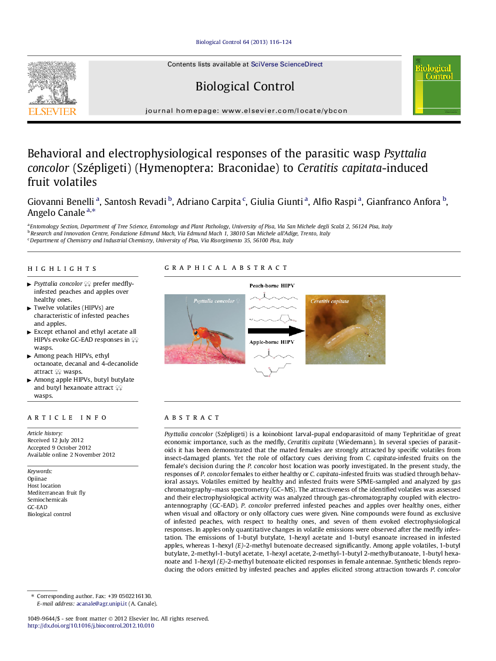 Behavioral and electrophysiological responses of the parasitic wasp Psyttalia concolor (Szépligeti) (Hymenoptera: Braconidae) to Ceratitis capitata-induced fruit volatiles