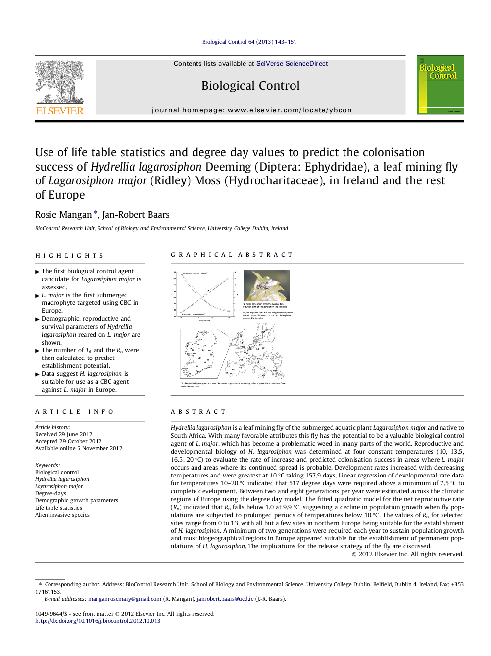 Use of life table statistics and degree day values to predict the colonisation success of Hydrellia lagarosiphon Deeming (Diptera: Ephydridae), a leaf mining fly of Lagarosiphon major (Ridley) Moss (Hydrocharitaceae), in Ireland and the rest of Europe