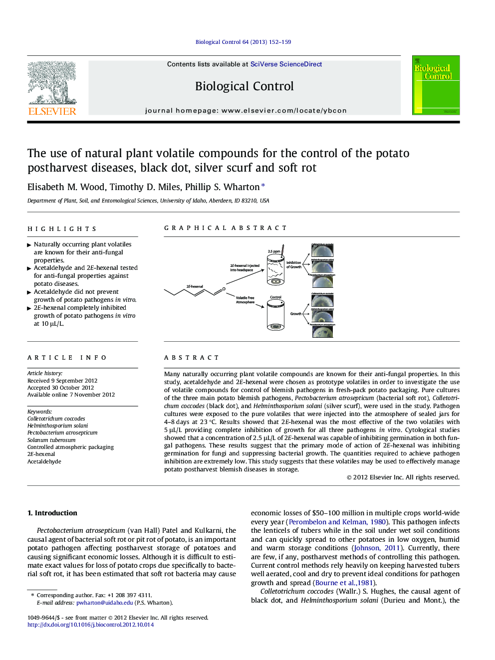 The use of natural plant volatile compounds for the control of the potato postharvest diseases, black dot, silver scurf and soft rot