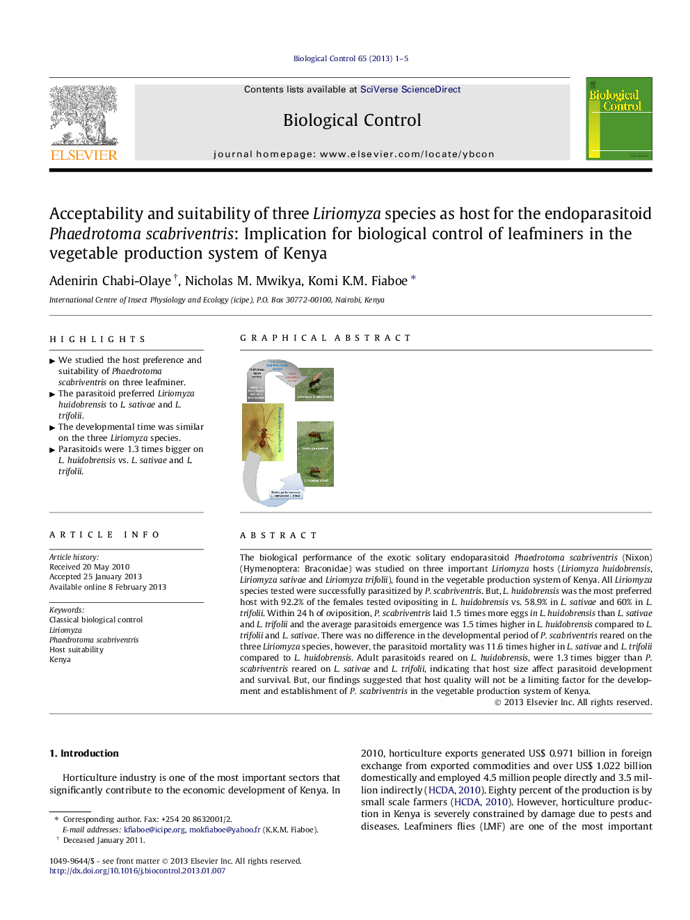 Acceptability and suitability of three Liriomyza species as host for the endoparasitoid Phaedrotoma scabriventris: Implication for biological control of leafminers in the vegetable production system of Kenya