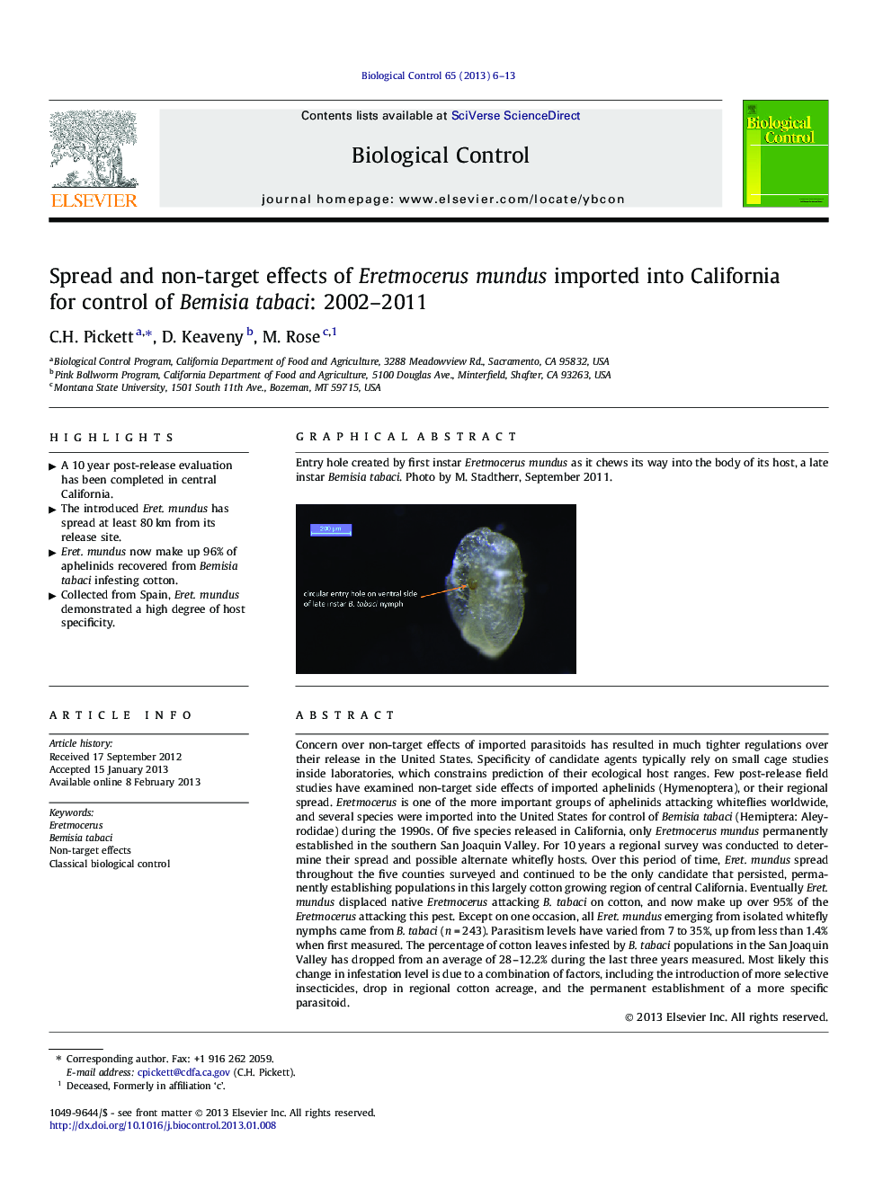 Spread and non-target effects of Eretmocerus mundus imported into California for control of Bemisia tabaci: 2002-2011