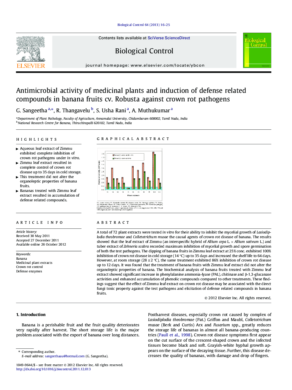 Antimicrobial activity of medicinal plants and induction of defense related compounds in banana fruits cv. Robusta against crown rot pathogens