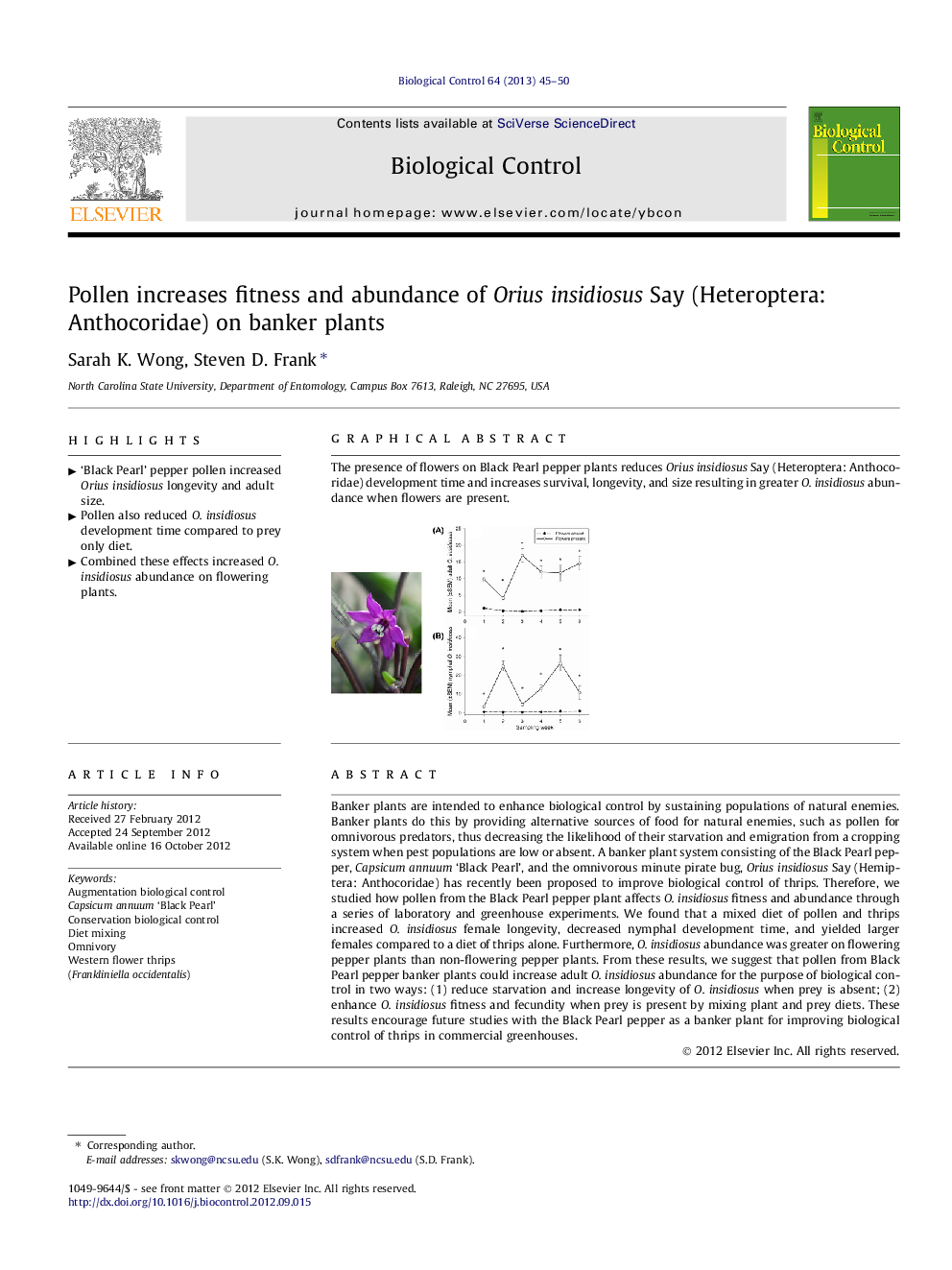 Pollen increases fitness and abundance of Orius insidiosus Say (Heteroptera: Anthocoridae) on banker plants