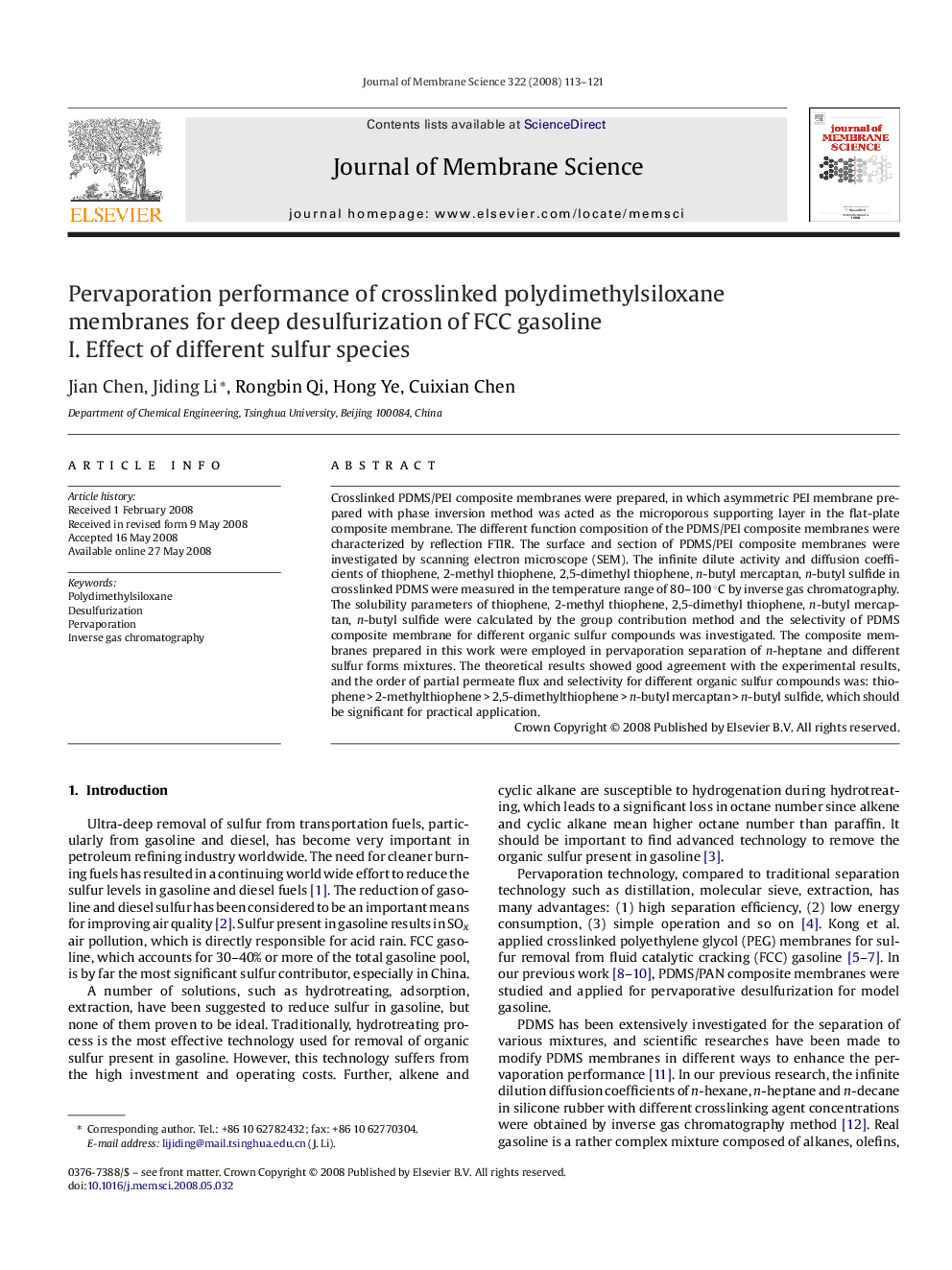 Pervaporation performance of crosslinked polydimethylsiloxane membranes for deep desulfurization of FCC gasoline: I. Effect of different sulfur species