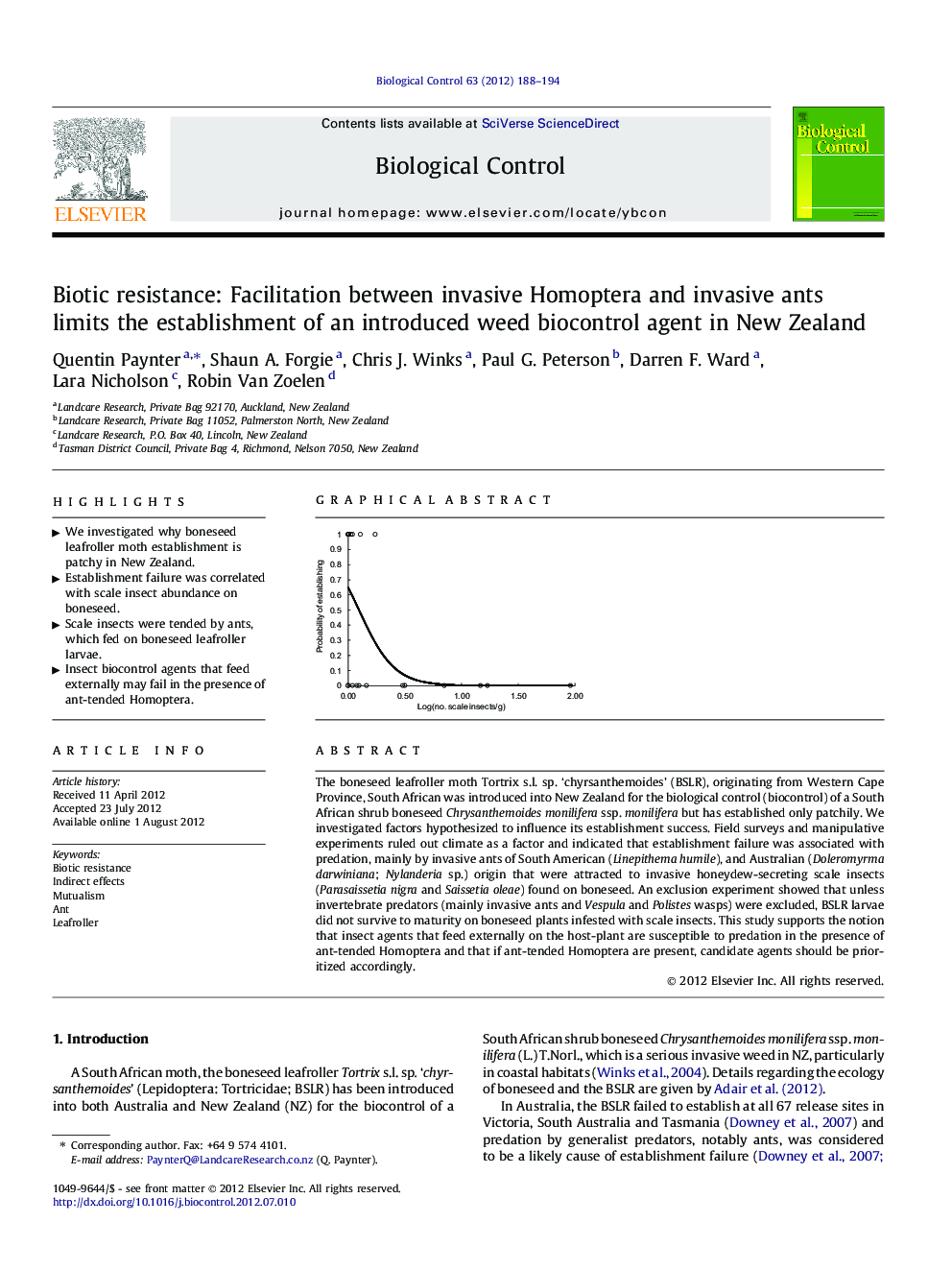Biotic resistance: Facilitation between invasive Homoptera and invasive ants limits the establishment of an introduced weed biocontrol agent in New Zealand