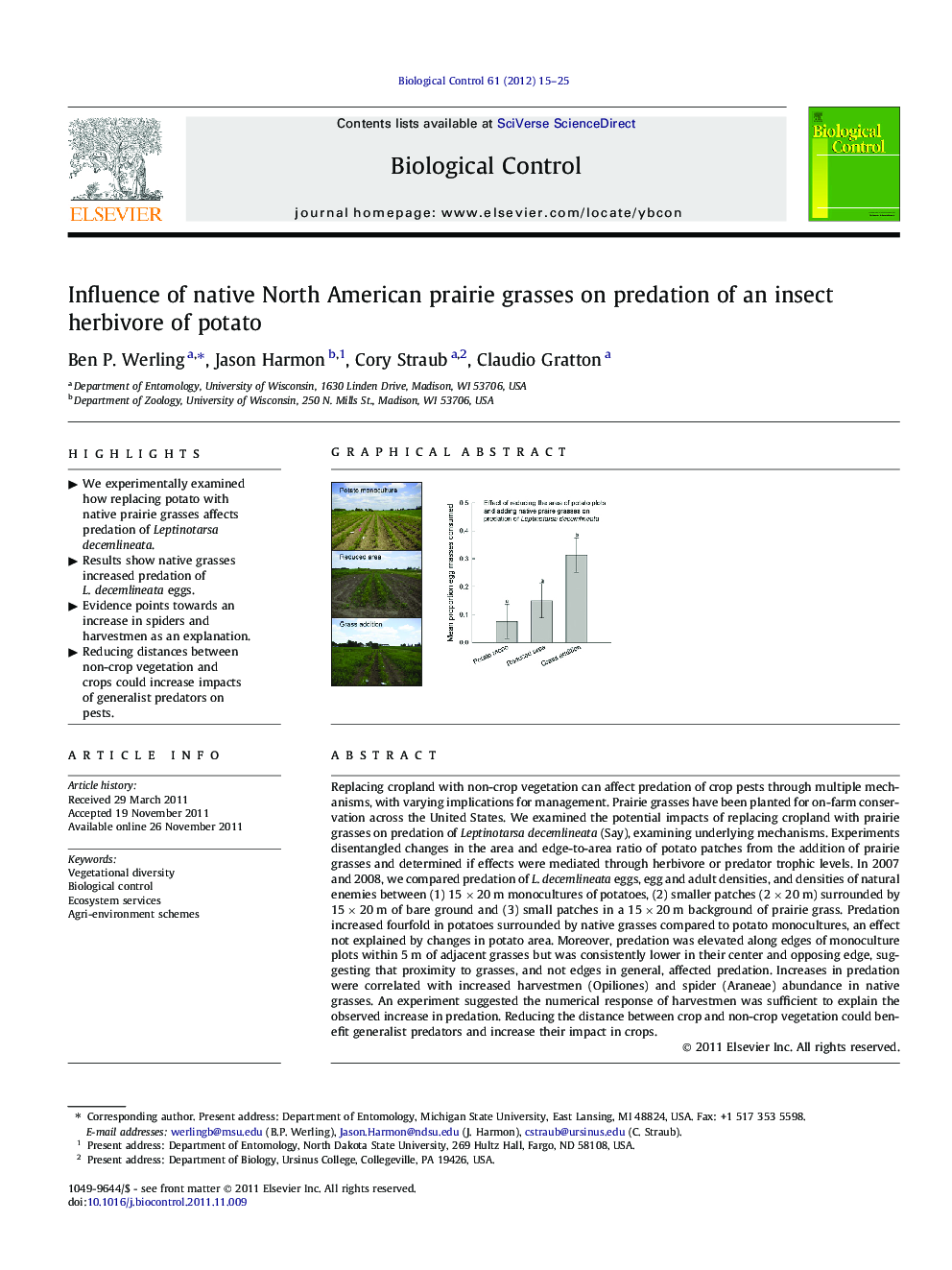 Influence of native North American prairie grasses on predation of an insect herbivore of potato