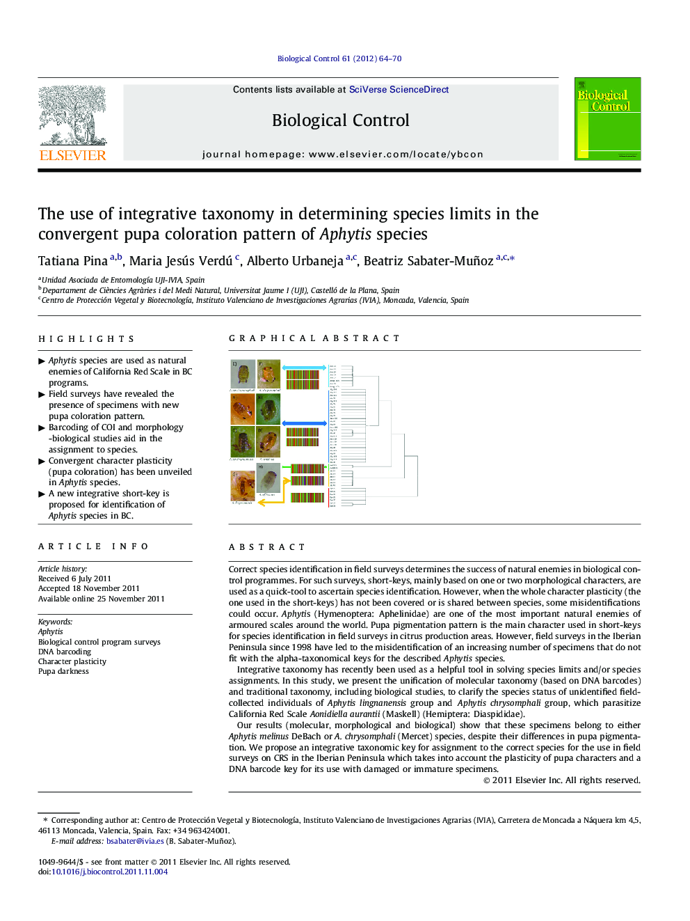 The use of integrative taxonomy in determining species limits in the convergent pupa coloration pattern of Aphytis species