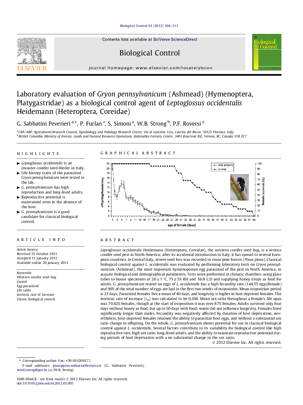 Laboratory evaluation of Gryon pennsylvanicum (Ashmead) (Hymenoptera, Platygastridae) as a biological control agent of Leptoglossus occidentalis Heidemann (Heteroptera, Coreidae)