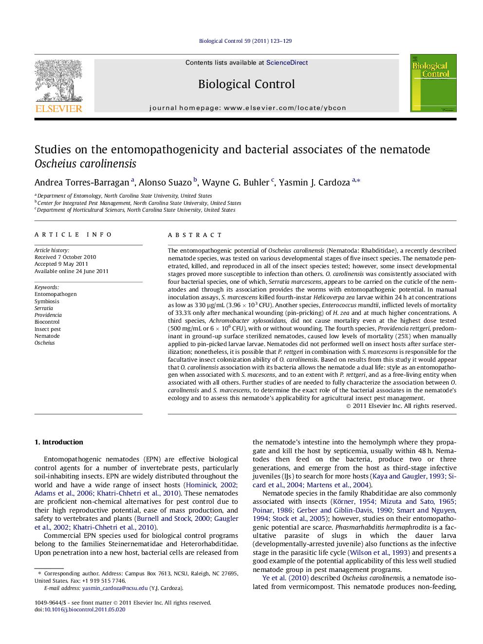 Studies on the entomopathogenicity and bacterial associates of the nematode Oscheius carolinensis