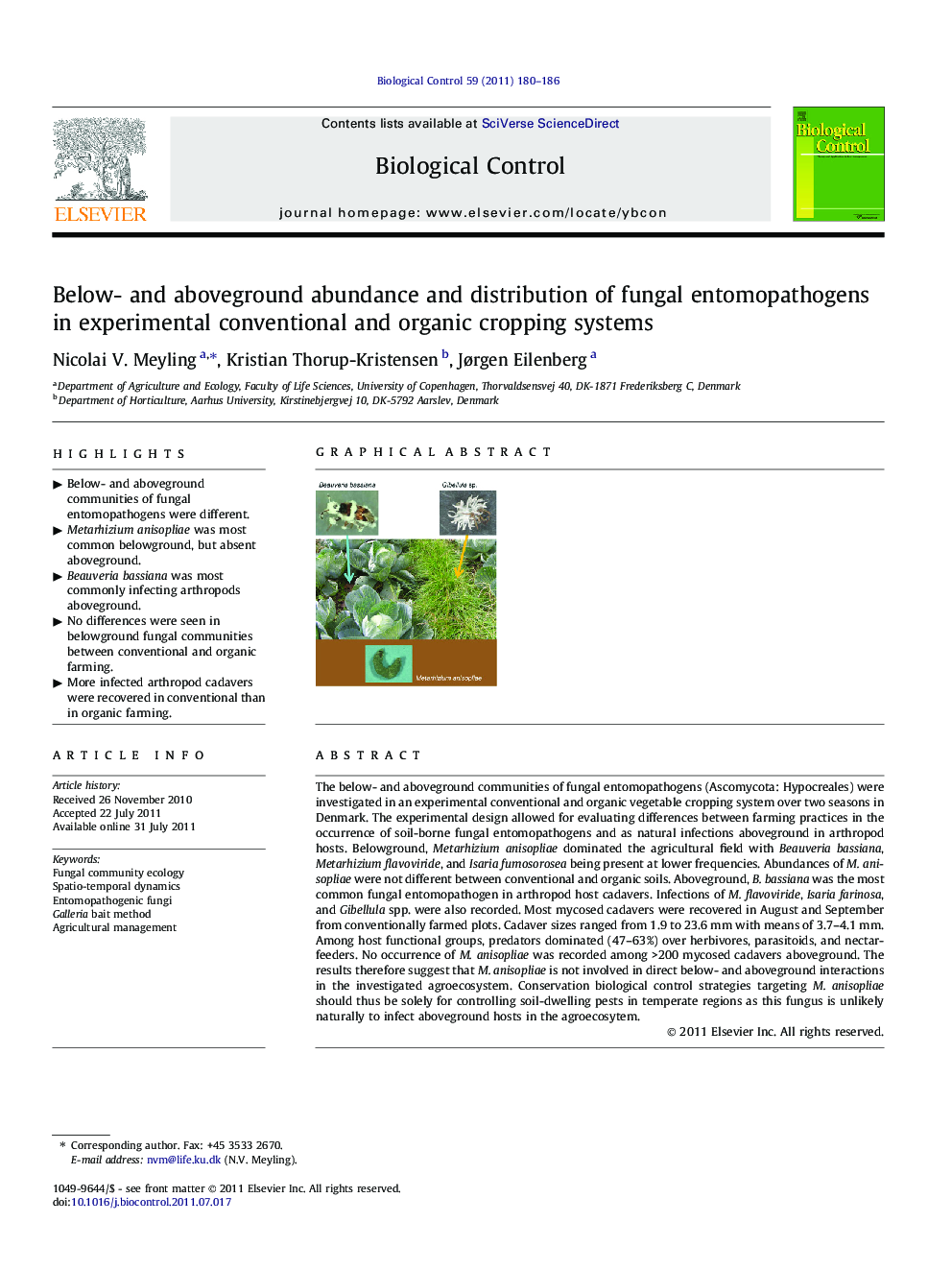 Below- and aboveground abundance and distribution of fungal entomopathogens in experimental conventional and organic cropping systems