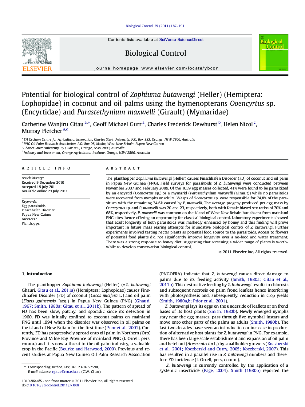 Potential for biological control of Zophiuma butawengi (Heller) (Hemiptera: Lophopidae) in coconut and oil palms using the hymenopterans Ooencyrtus sp. (Encyrtidae) and Parastethynium maxwelli (Girault) (Mymaridae)