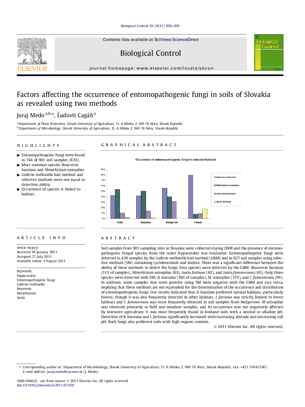 Factors affecting the occurrence of entomopathogenic fungi in soils of Slovakia as revealed using two methods