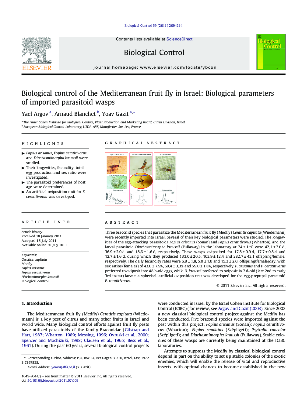 Biological control of the Mediterranean fruit fly in Israel: Biological parameters of imported parasitoid wasps