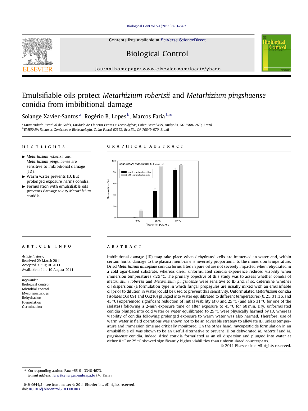 Emulsifiable oils protect Metarhizium robertsii and Metarhizium pingshaense conidia from imbibitional damage