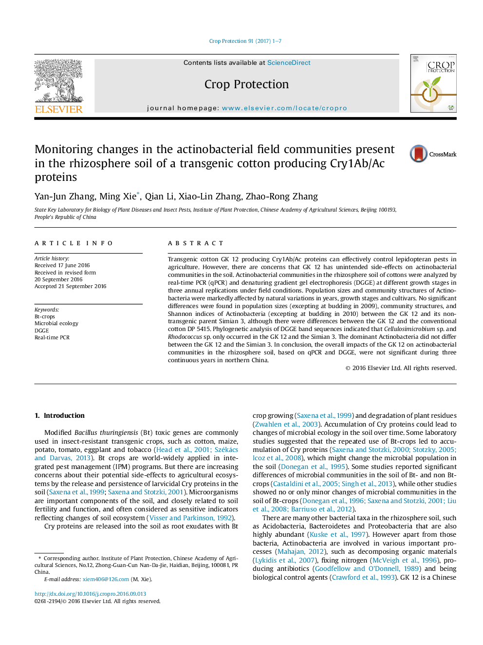 Monitoring changes in the actinobacterial field communities present in the rhizosphere soil of a transgenic cotton producing Cry1Ab/Ac proteins