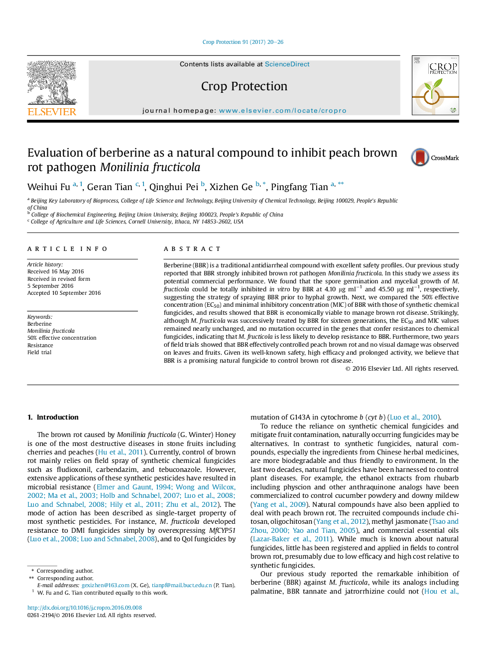 Evaluation of berberine as a natural compound to inhibit peach brown rot pathogen Monilinia fructicola