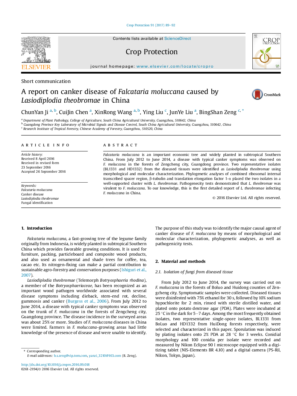 A report on canker disease of Falcataria moluccana caused by Lasiodiplodia theobromae in China