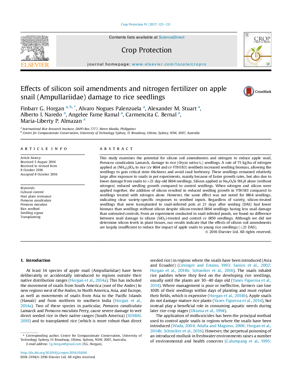 Effects of silicon soil amendments and nitrogen fertilizer on apple snail (Ampullariidae) damage to rice seedlings