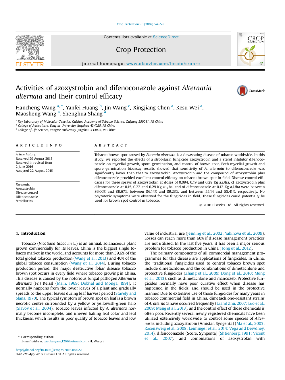 Activities of azoxystrobin and difenoconazole against Alternaria alternata and their control efficacy