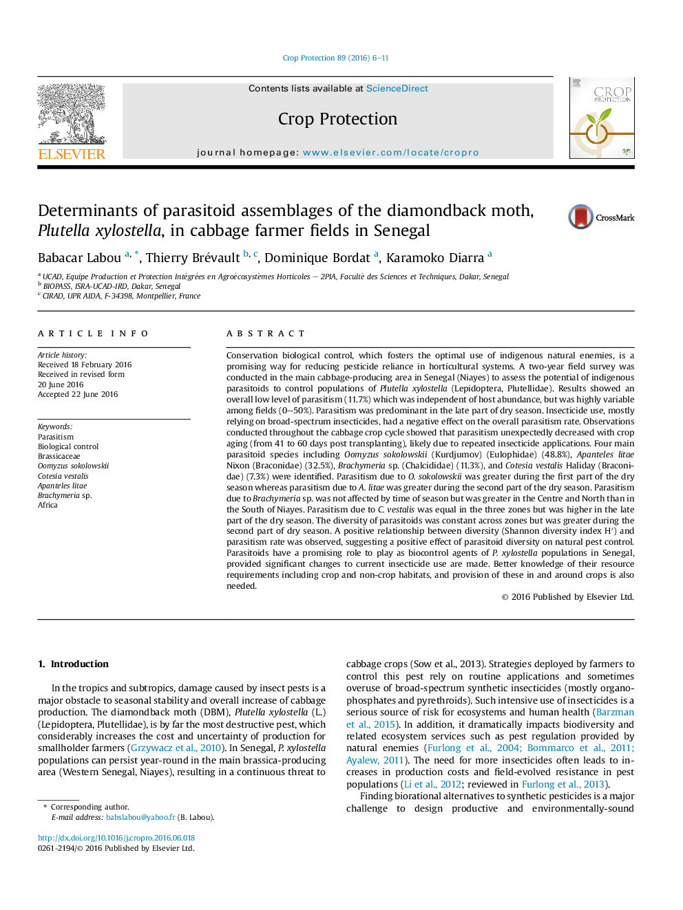 Determinants of parasitoid assemblages of the diamondback moth, Plutella xylostella, in cabbage farmer fields in Senegal