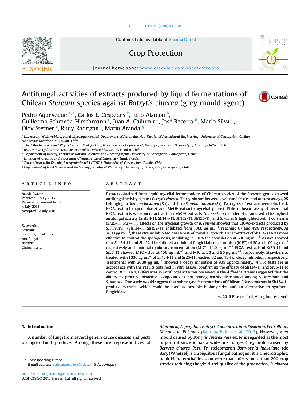 Antifungal activities of extracts produced by liquid fermentations of Chilean Stereum species against Botrytis cinerea (grey mould agent)