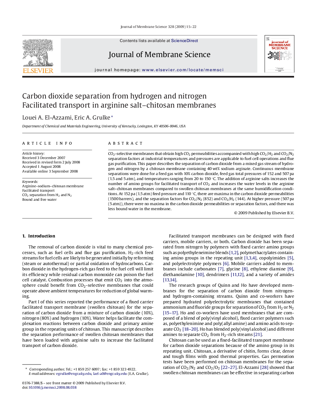Carbon dioxide separation from hydrogen and nitrogen: Facilitated transport in arginine salt–chitosan membranes