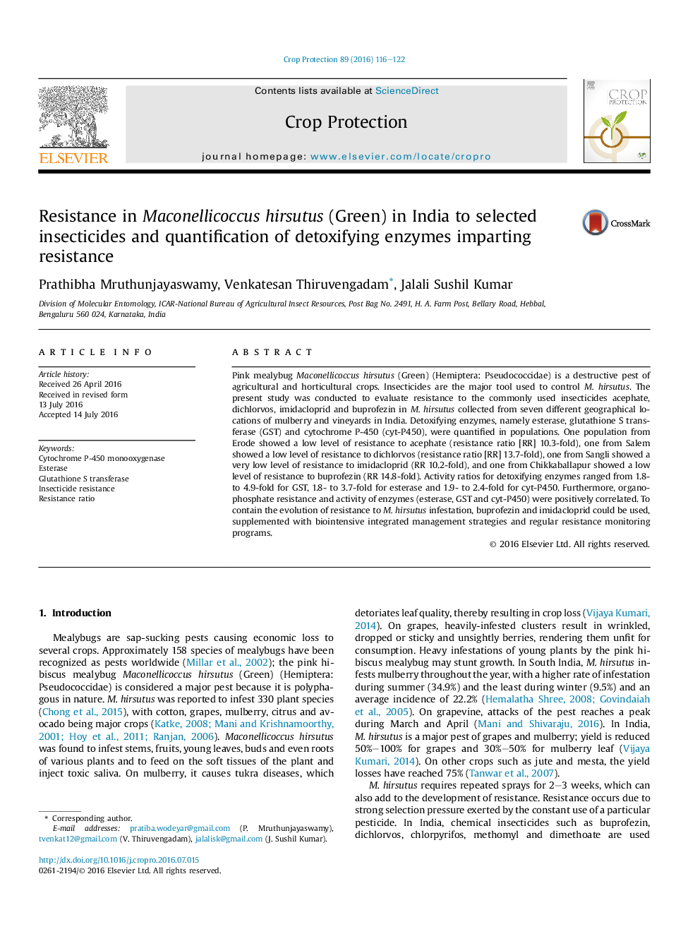 Resistance in Maconellicoccus hirsutus (Green) in India to selected insecticides and quantification of detoxifying enzymes imparting resistance