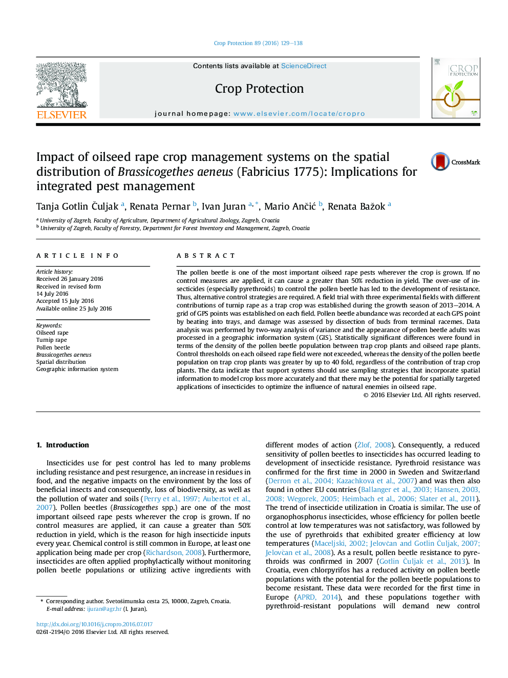 Impact of oilseed rape crop management systems on the spatial distribution of Brassicogethes aeneus (Fabricius 1775): Implications for integrated pest management