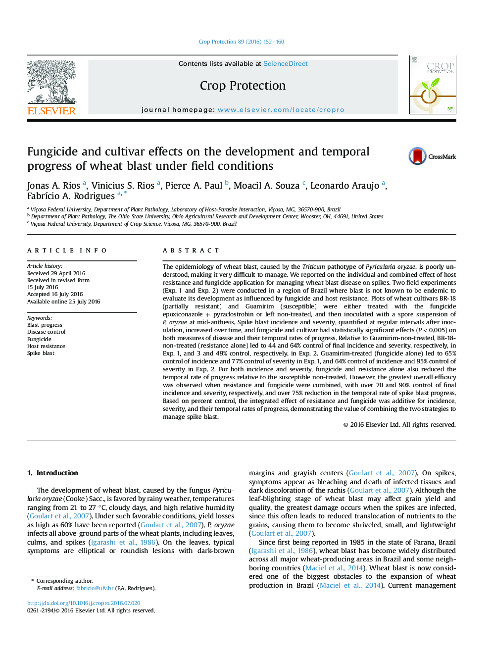 Fungicide and cultivar effects on the development and temporal progress of wheat blast under field conditions