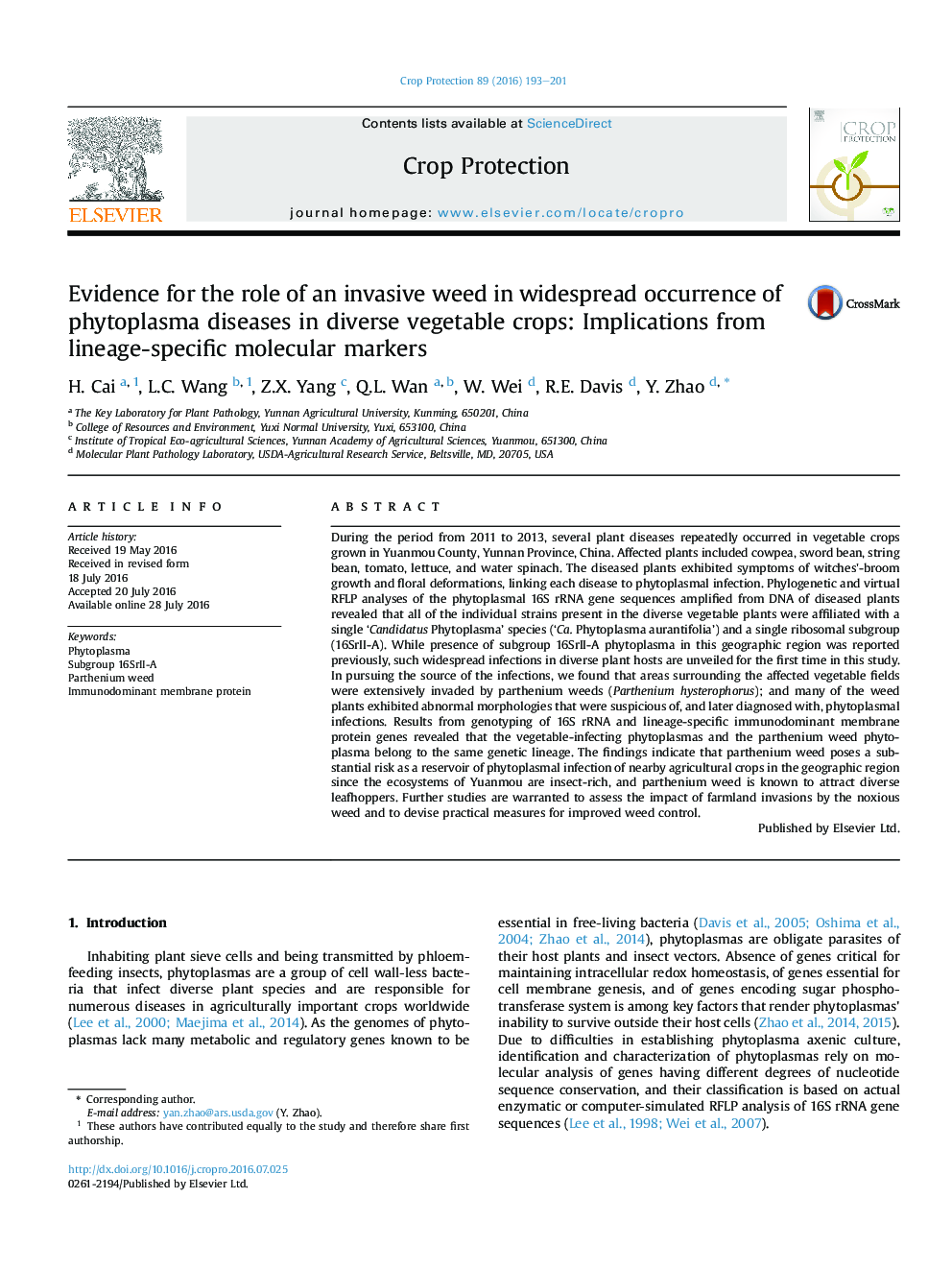 Evidence for the role of an invasive weed in widespread occurrence of phytoplasma diseases in diverse vegetable crops: Implications from lineage-specific molecular markers