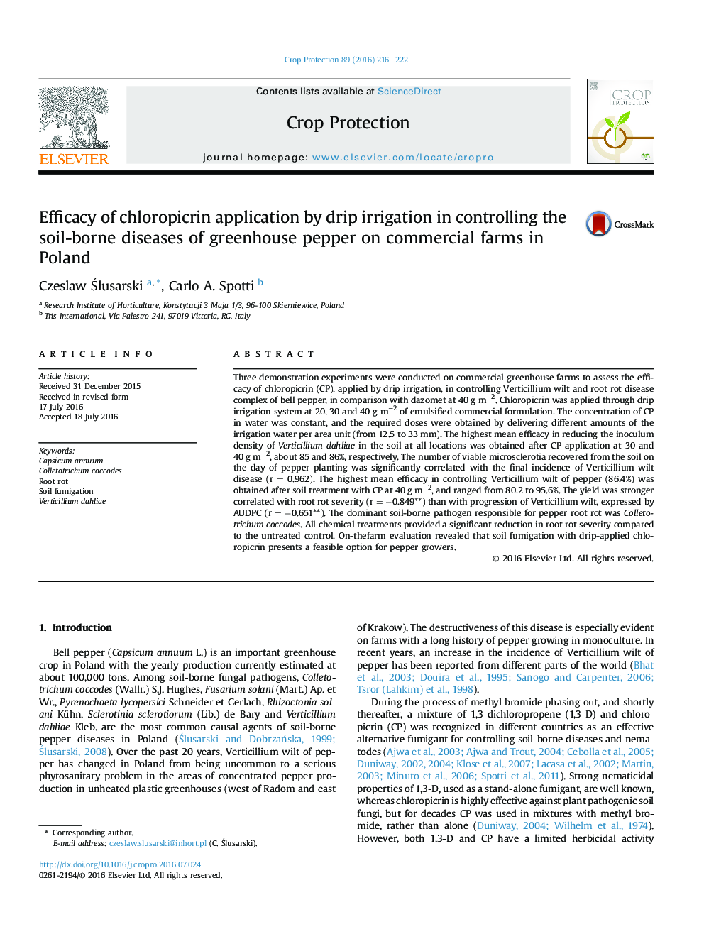 Efficacy of chloropicrin application by drip irrigation in controlling the soil-borne diseases of greenhouse pepper on commercial farms in Poland