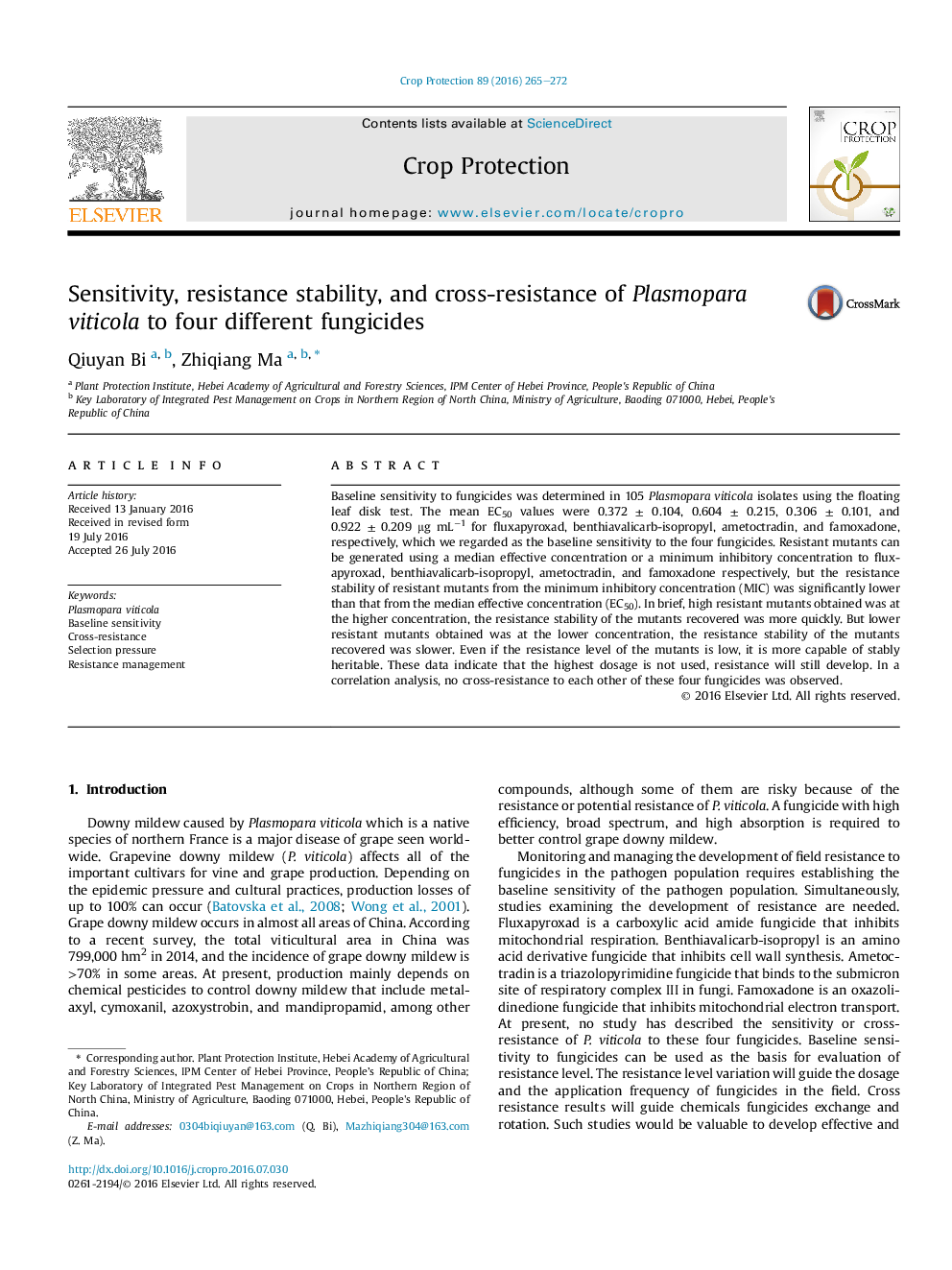 Sensitivity, resistance stability, and cross-resistance of Plasmopara viticola to four different fungicides