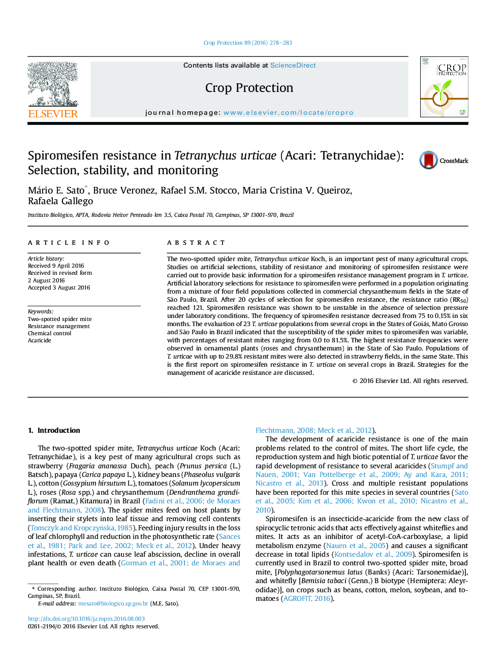 Spiromesifen resistance in Tetranychus urticae (Acari: Tetranychidae): Selection, stability, and monitoring