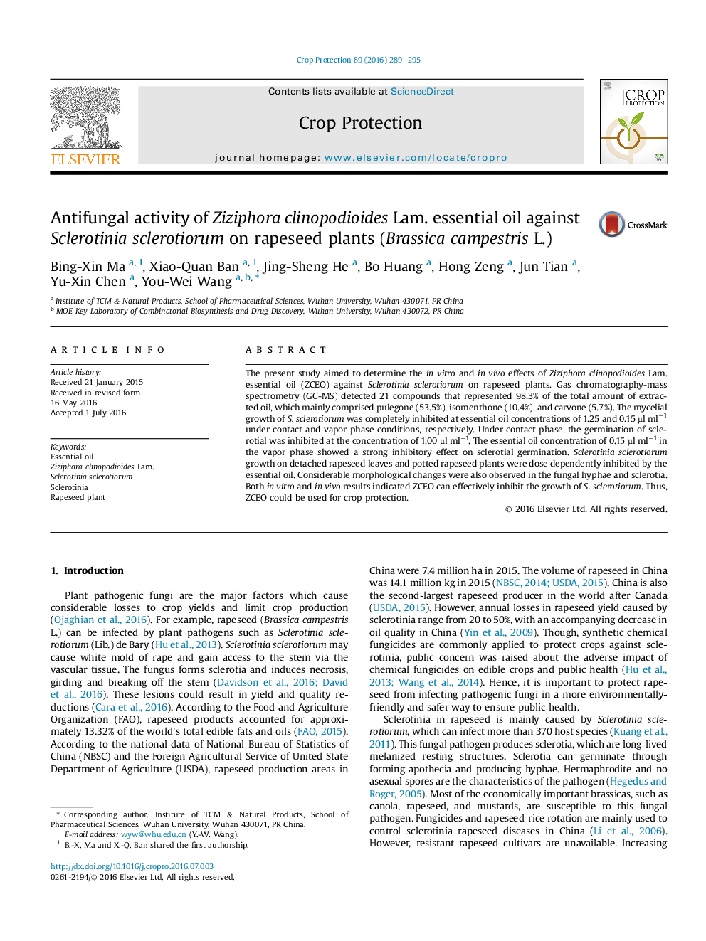 Antifungal activity of Ziziphora clinopodioides Lam. essential oil against Sclerotinia sclerotiorum on rapeseed plants (Brassica campestris L.)