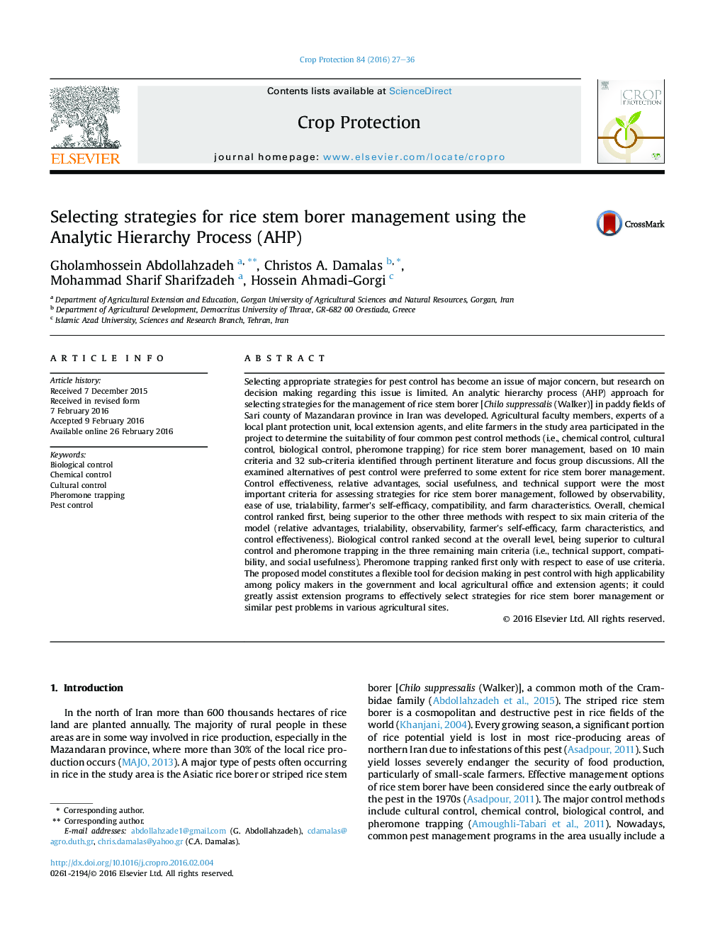 Selecting strategies for rice stem borer management using the Analytic Hierarchy Process (AHP)